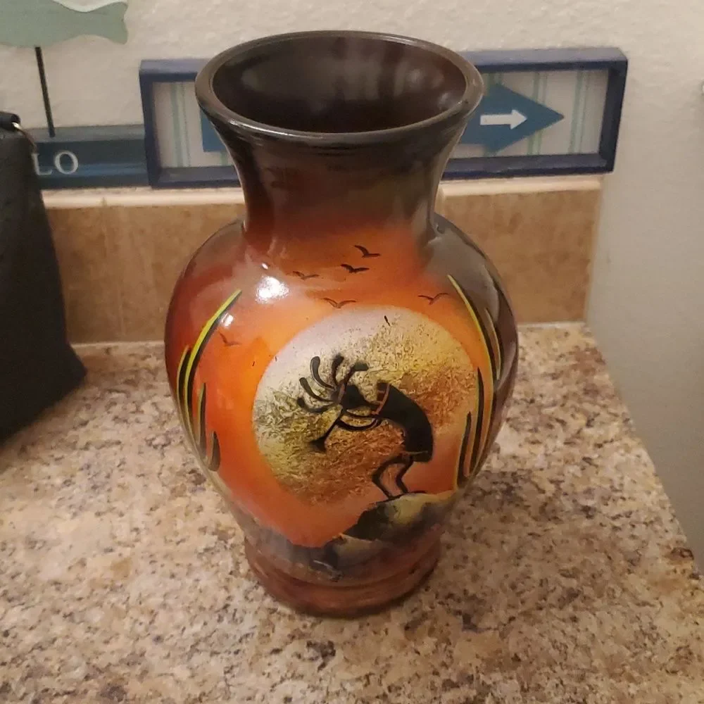 Kokopelli Flute Dancer Vase | Hand Painted Indiana Glass Southwest Desert 10.75